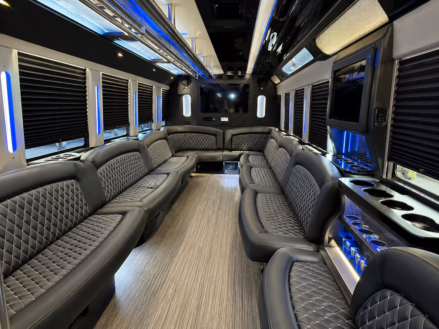 Passenger seating aboard a party bus rental serving Cary